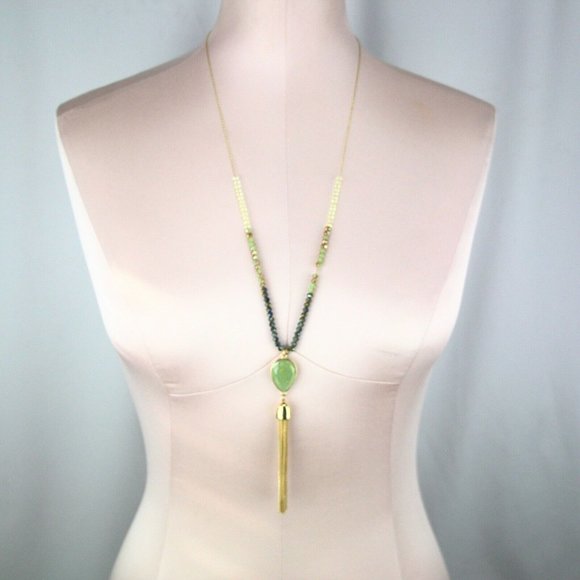 LC Lauren Conrad Necklace Gold-Tone Green Glass Teardrop Tassel #603